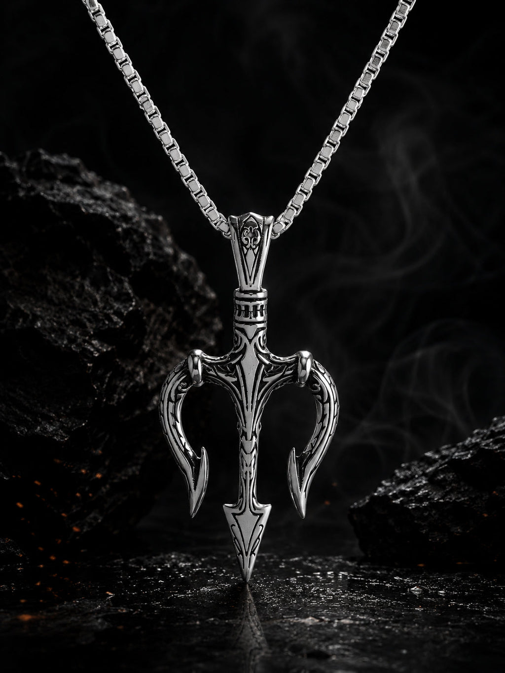 Silver Rhodium-Plated Trident Pendant Waterproof Steel Chain for Men