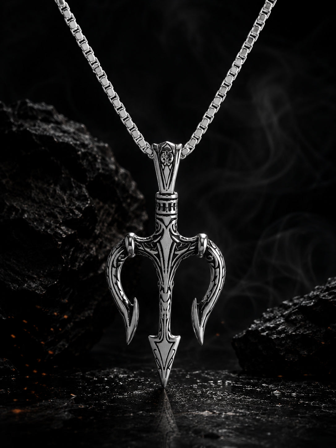Silver Rhodium-Plated Trident Pendant Waterproof Steel Chain for Men