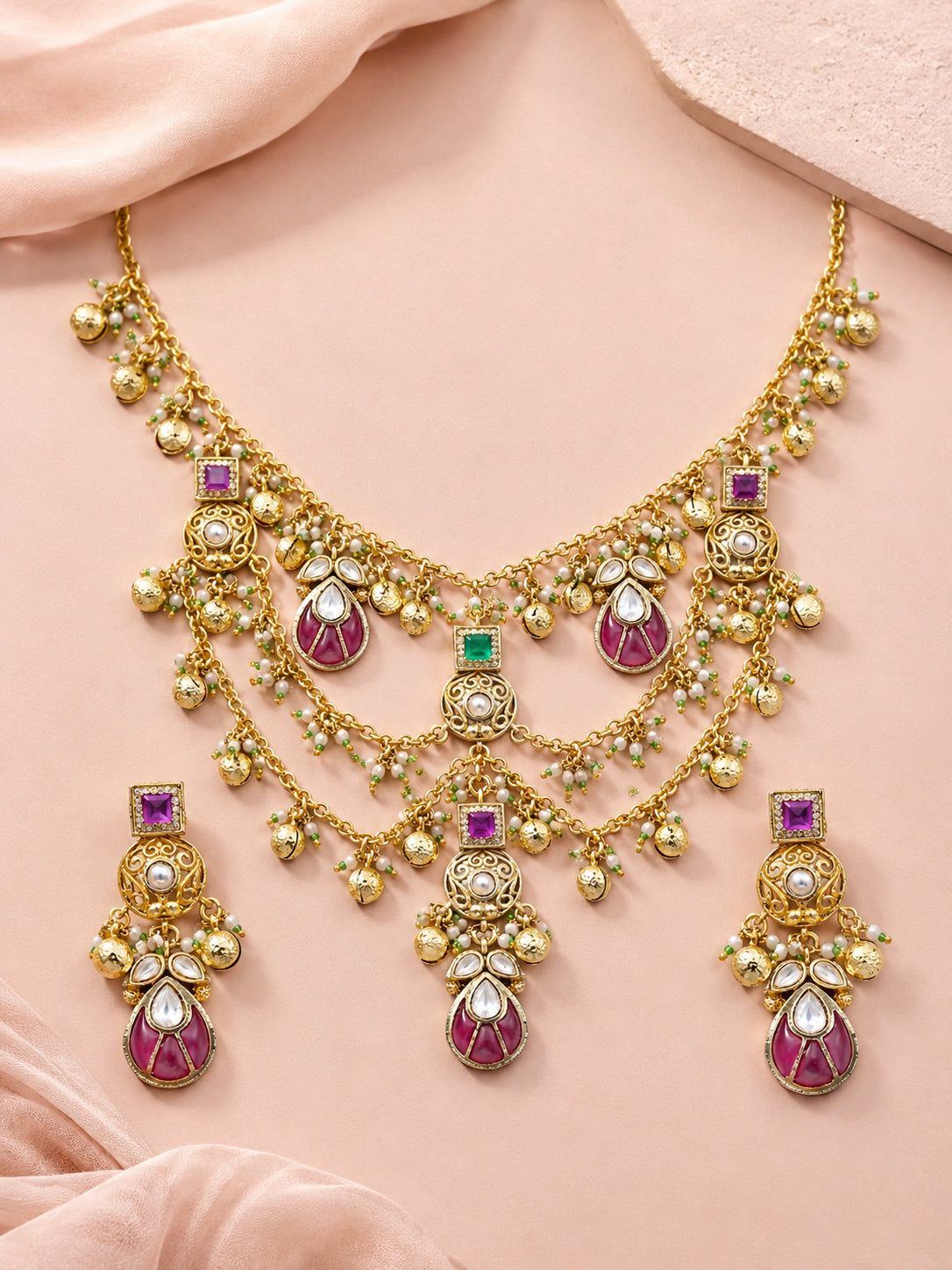 Aanura Layered Antique Necklace with Ruby Drops