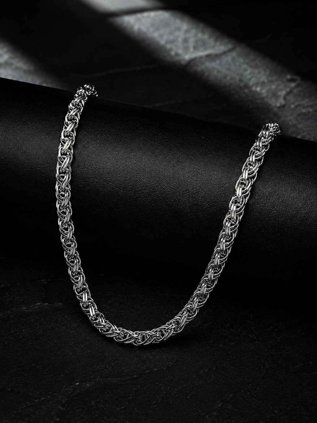 Silver Rhodium-Plated Byzantine Rope Waterproof Stainless Steel Chain Men