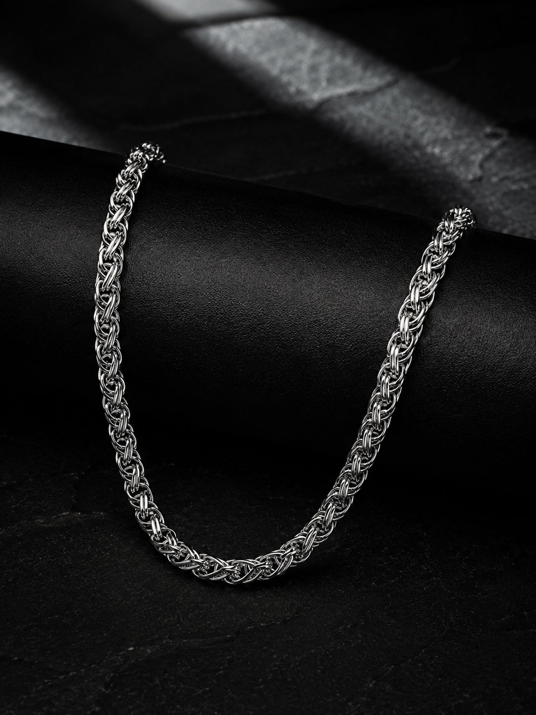 Silver Rhodium-Plated Byzantine Rope Waterproof Stainless Steel Chain Men
