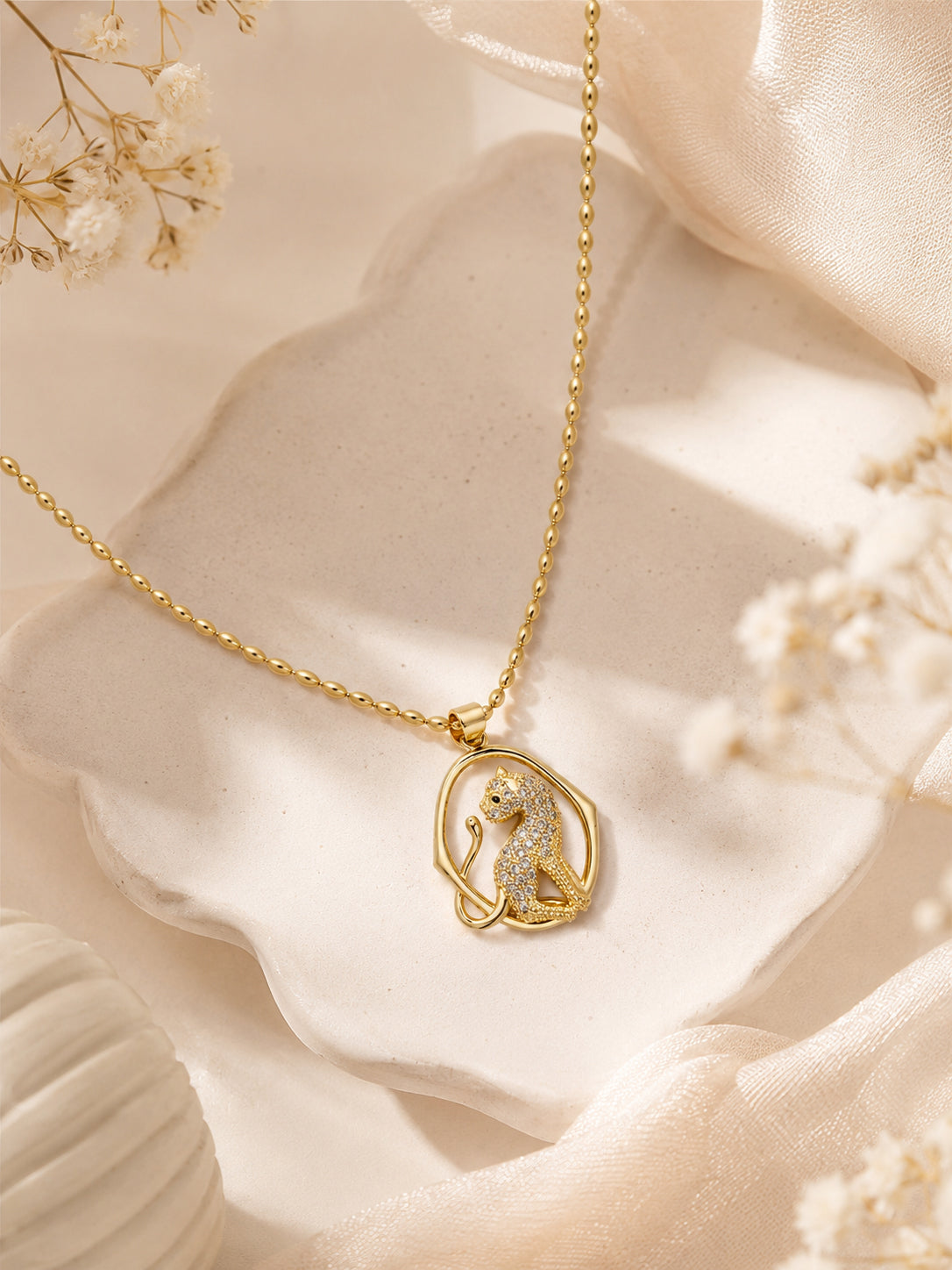 Crystal Cat Charm Necklace with 18K Gold Plating
