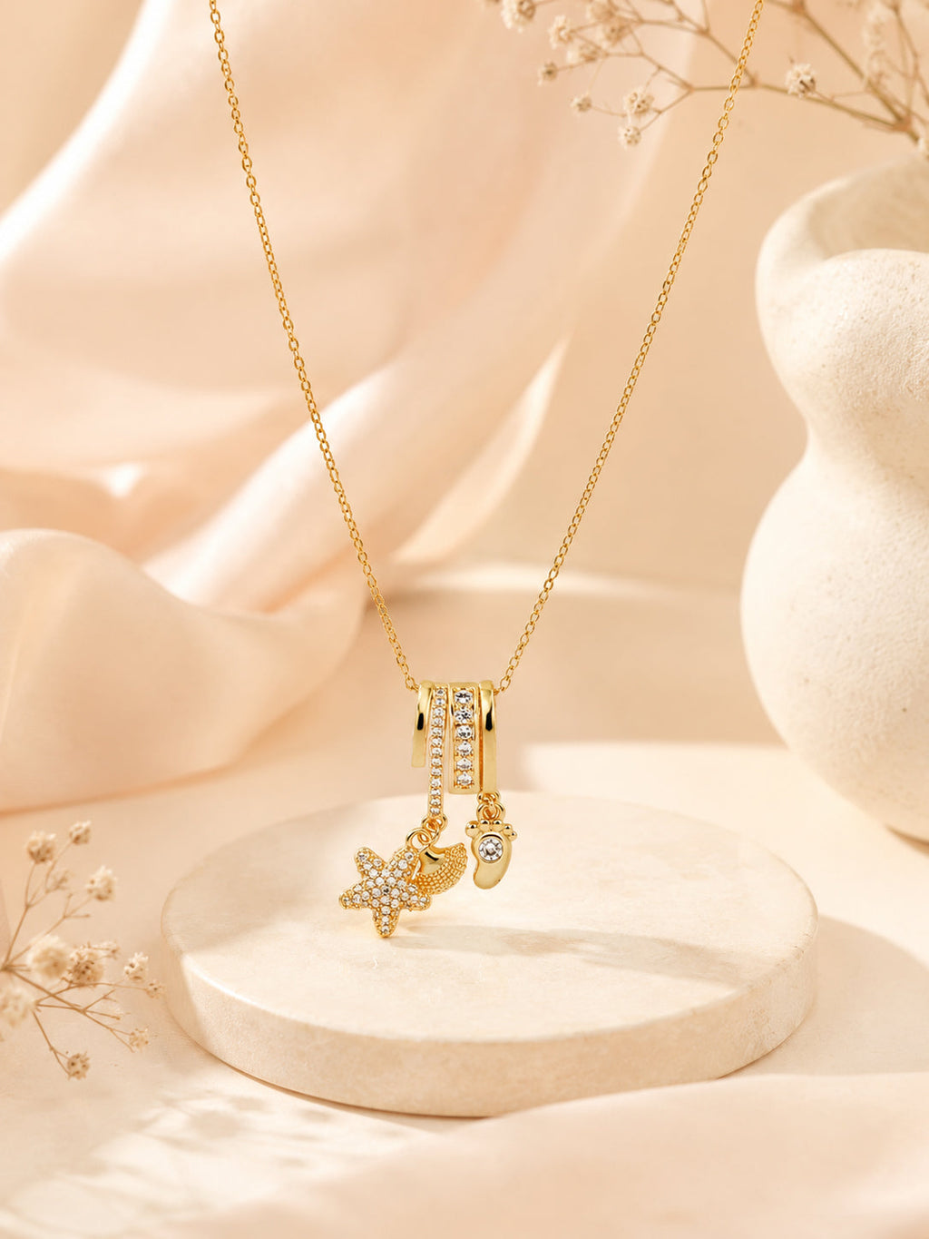 18K Gold Plated Starfish & Shell Charm Necklace
