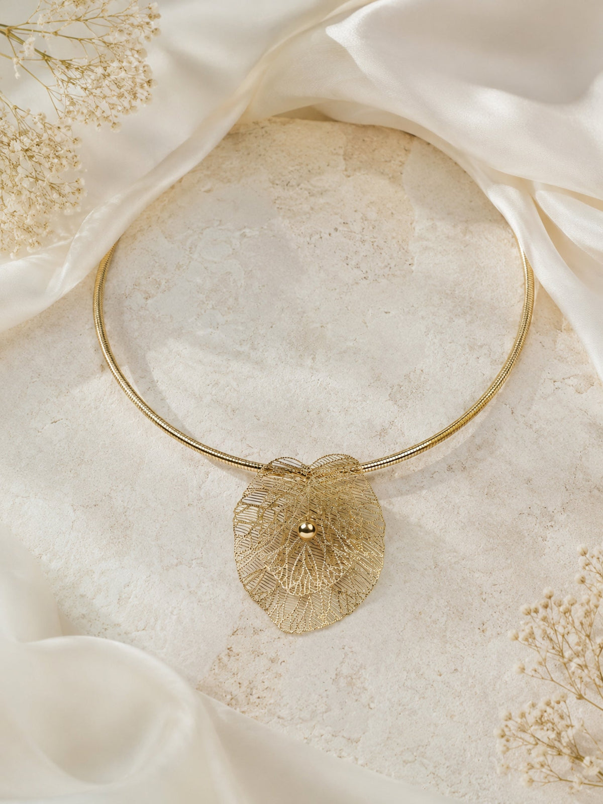 Aanura Gold Choker Necklace with Delicate Leaf Charm