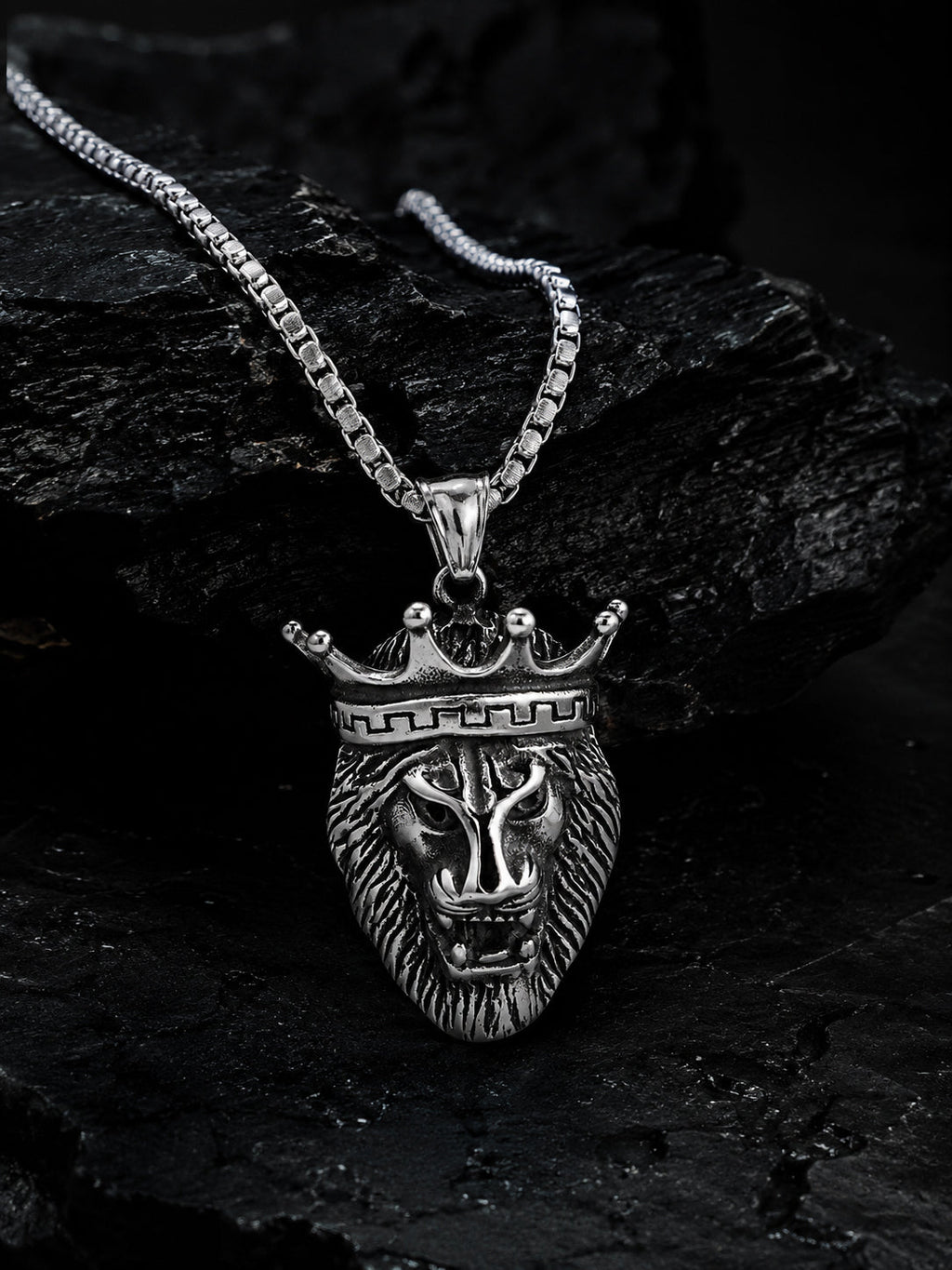 Silver Rhodium-Plated Crowned Lion Anti-Tarnish Waterproof Stainless Steel Chain