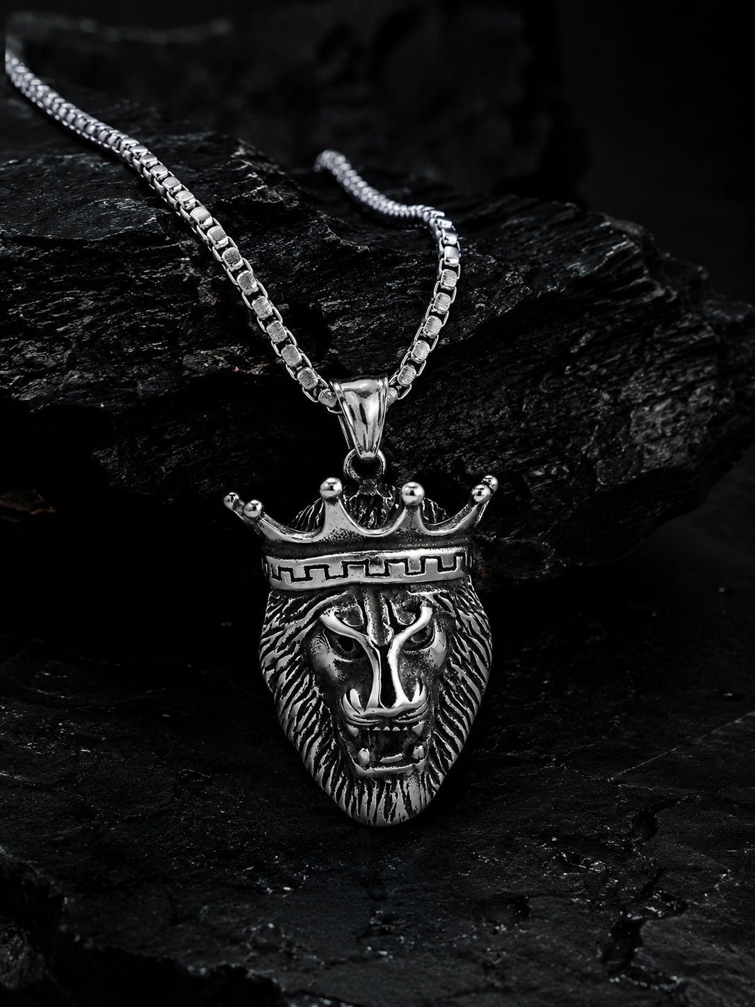 Silver Rhodium-Plated Crowned Lion Anti-Tarnish Waterproof Stainless Steel Chain