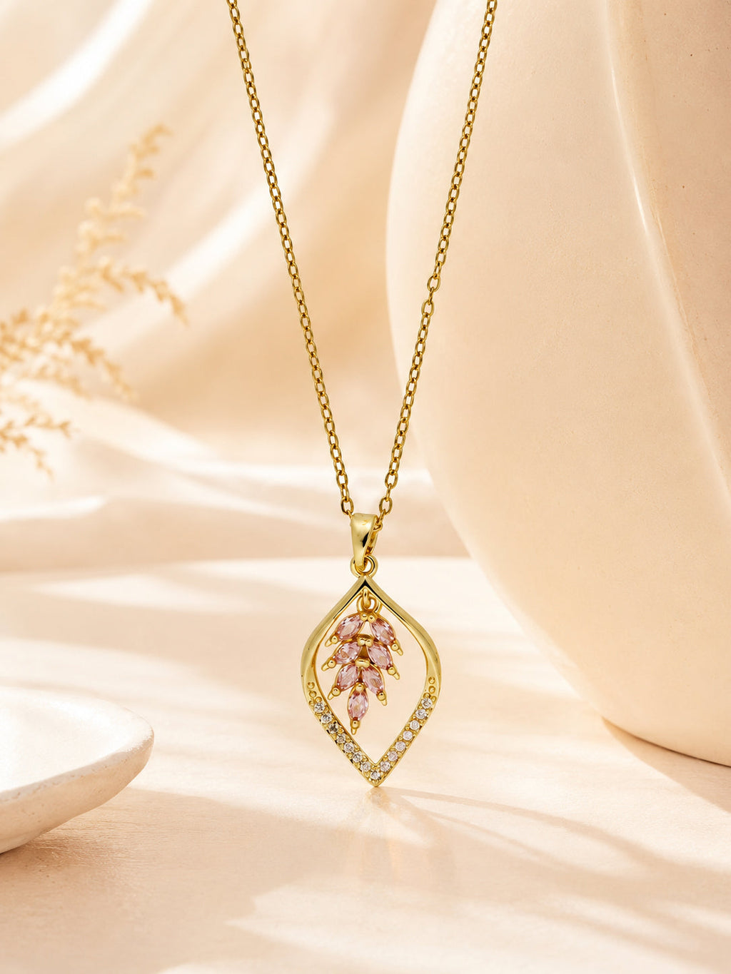 Pink Leaf Crystal Necklace in 18K Gold Plating