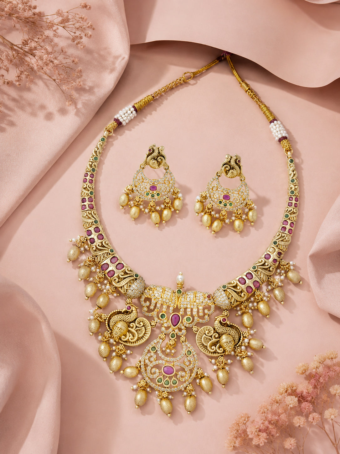 Aanura Gold Plated Temple Necklace & Earring Set