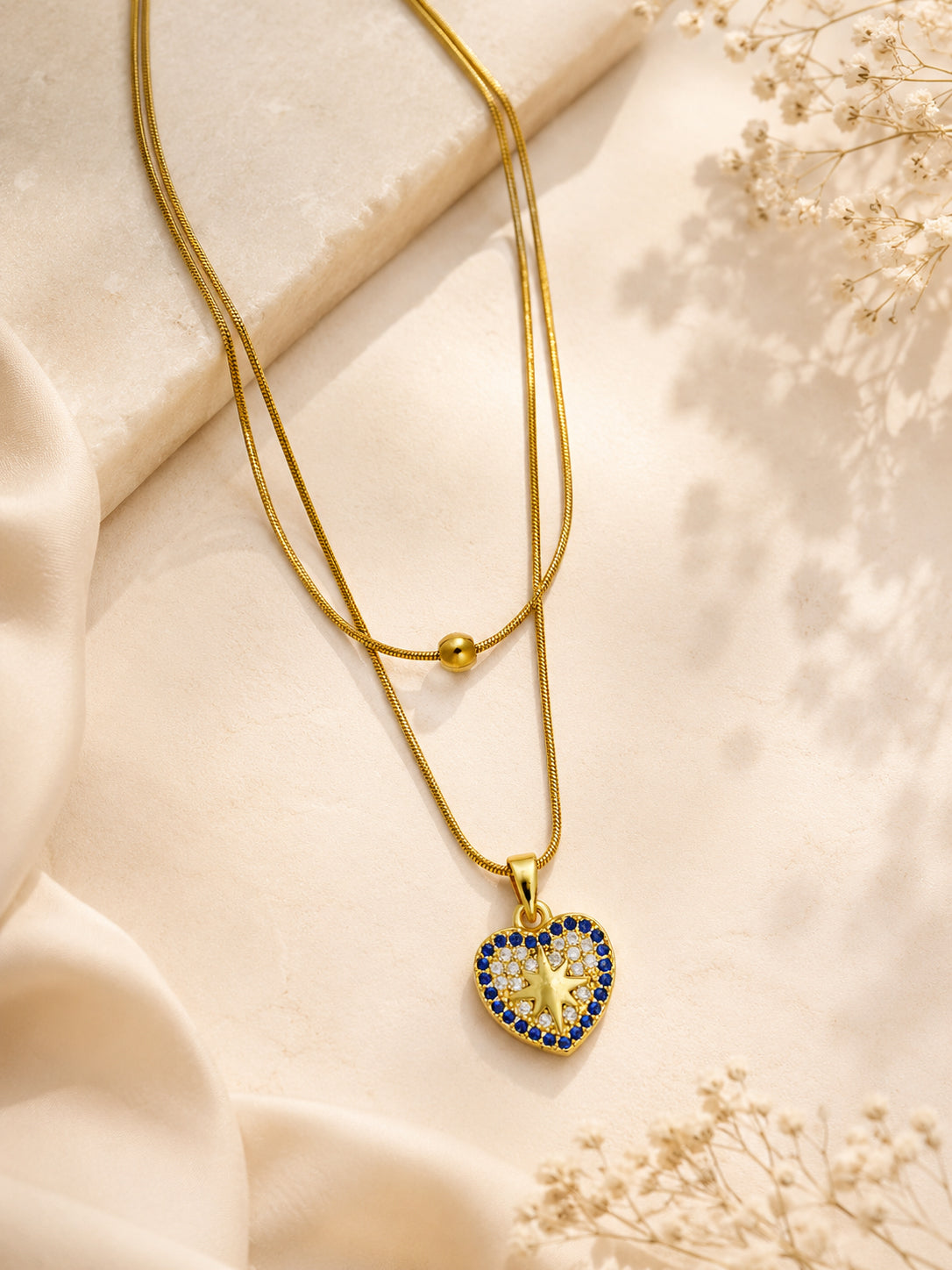 Blue Stone Heart Layered Necklace in 18K Gold Plating