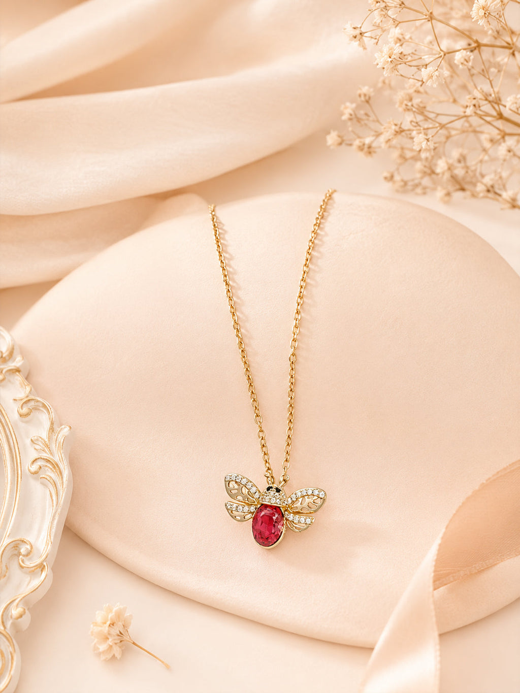 Red Stone Wing Charm Necklace with 18K Gold Plating