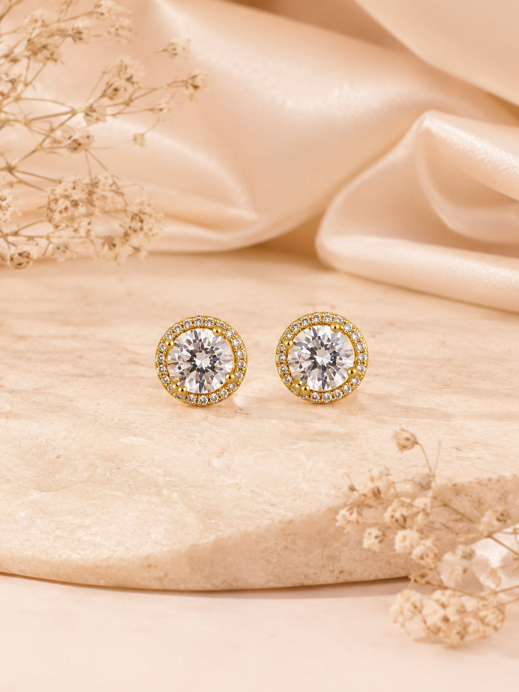 Round Halo CZ Stud Earrings in 18K Gold Plating