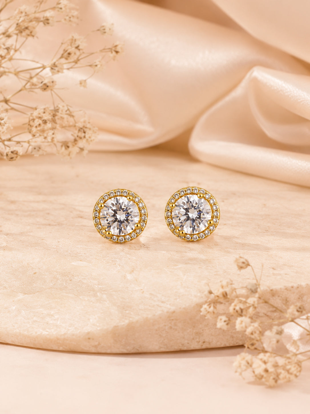 Round Halo CZ Stud Earrings in 18K Gold Plating