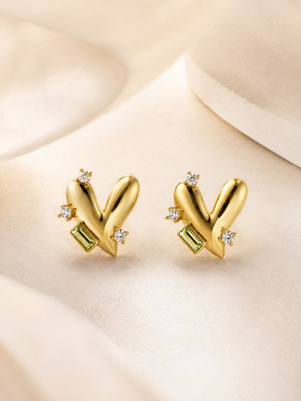 18K Gold Plated Green Baguette Heart Stud Earrings