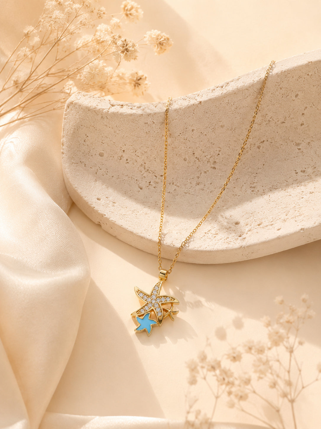 Starfish Charm Necklace with Blue Enamel in 18K Gold Plating