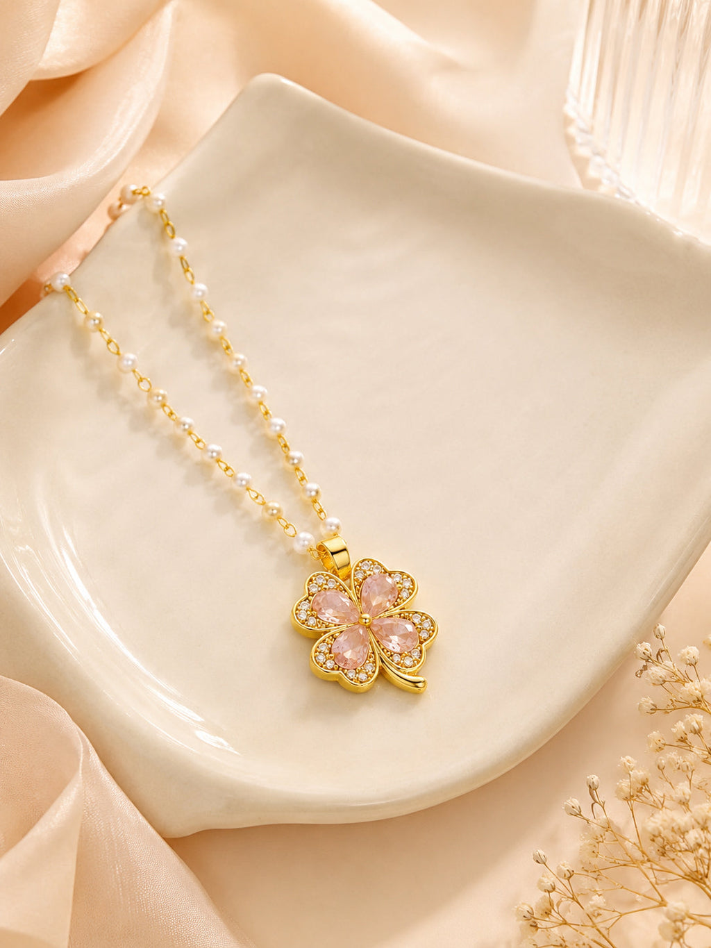 Pink Clover Pearl Necklace with 18K Gold Plating