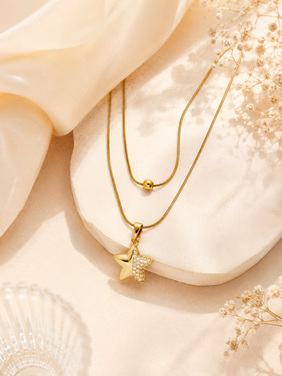 Half-Crystal Star Layered Necklace with 18K Gold Plating