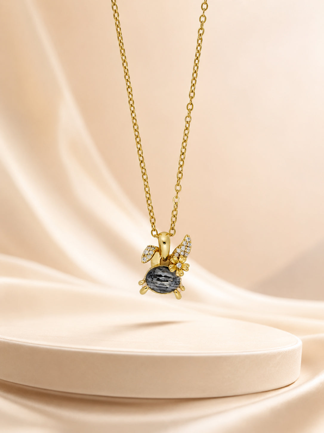 Winged Dark Stone Necklace with 18K Gold Plating