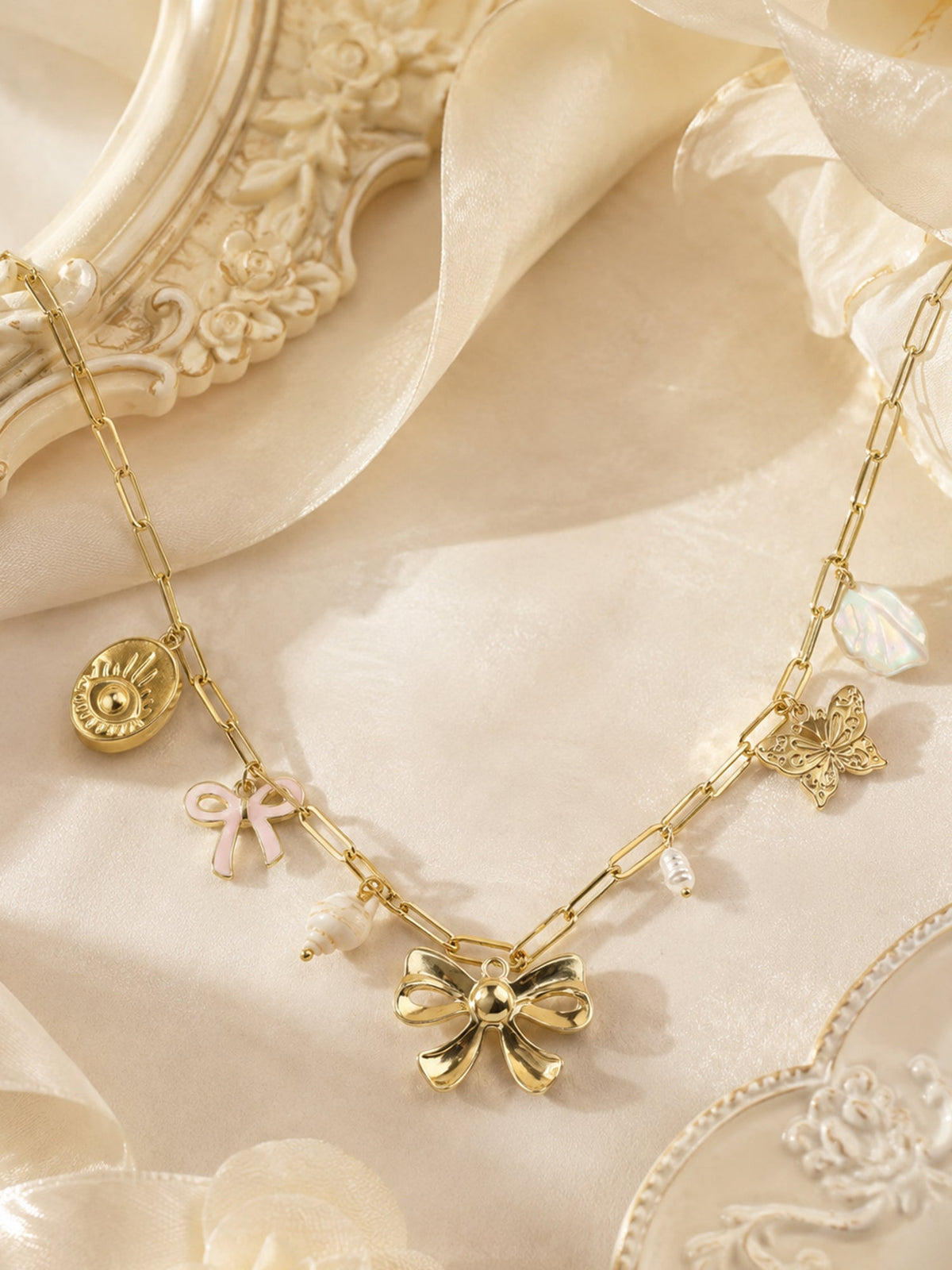 Aanura Gold Charm Necklace with Bow & Butterfly