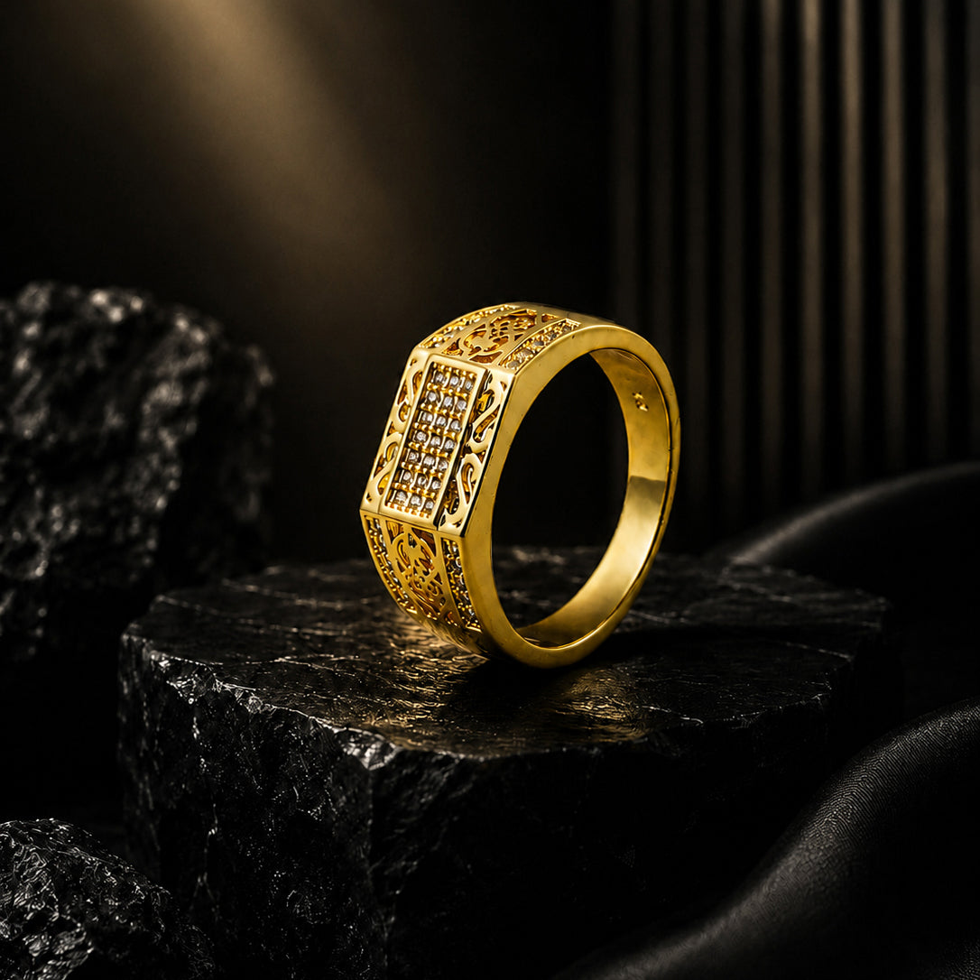 18K Gold Plated Gold Stone Grid Anti-Tarnish Demi-Fine Ring for Men