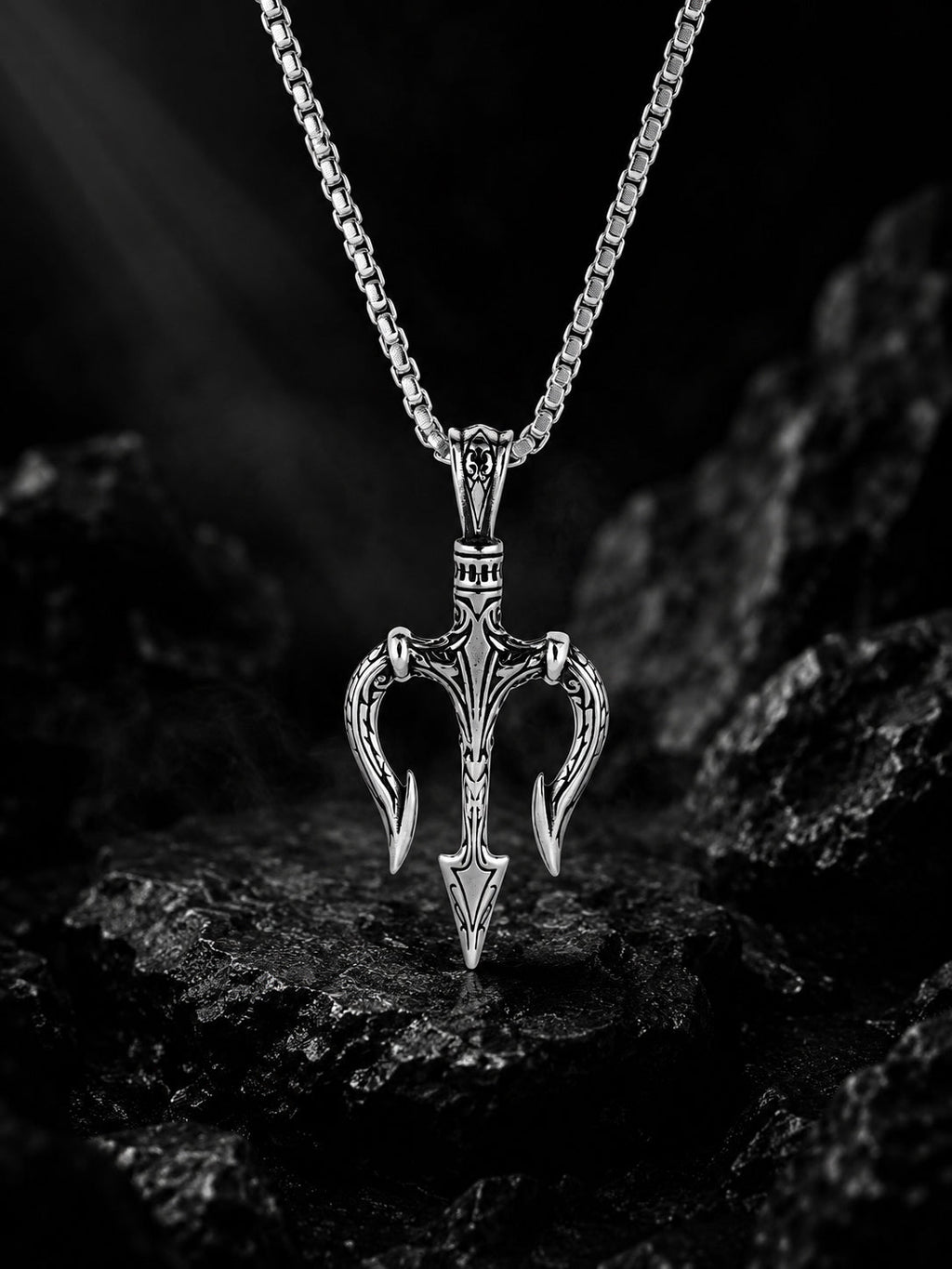 Silver Rhodium-Plated Trident Pendant Waterproof Steel Chain for Men