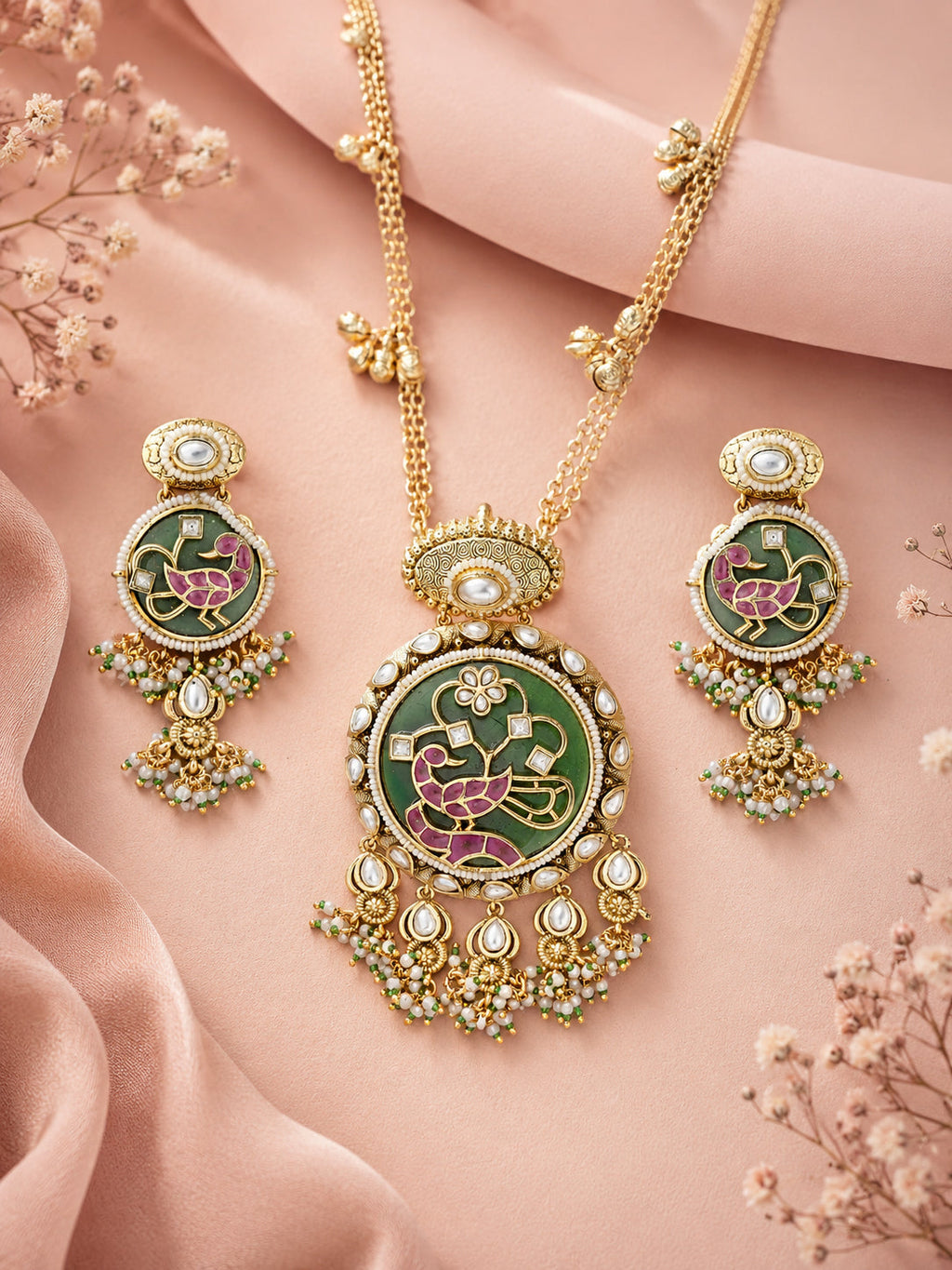 Aanura Peacock Motif Kundan Pendant Necklace Set