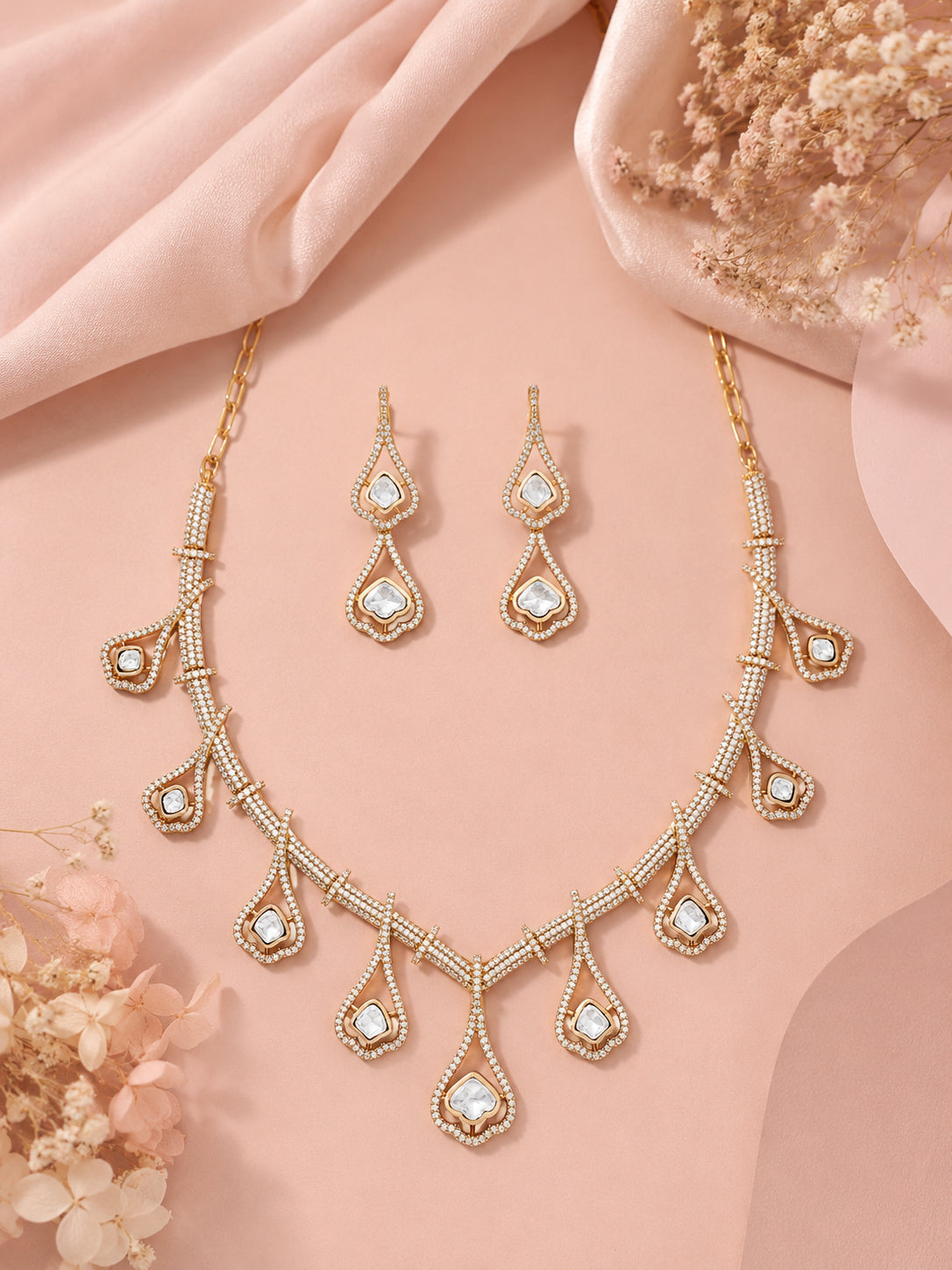 Aanura Teardrop Gold Necklace Set with Stone Earrings