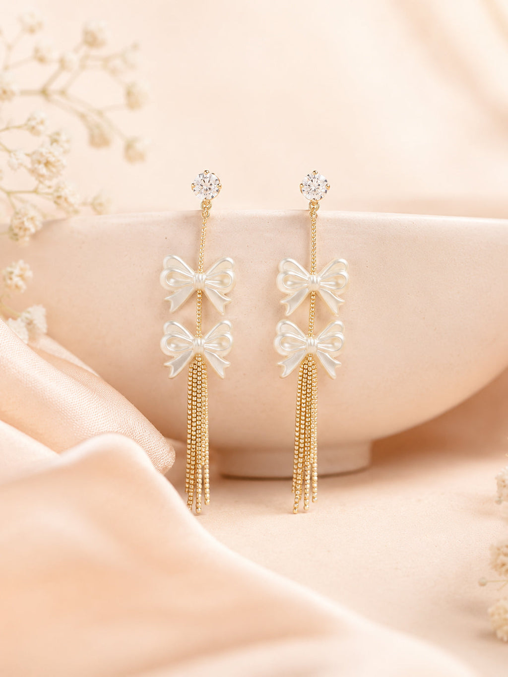 Aanura Pearl Bow Tassel Gold Drop Earrings