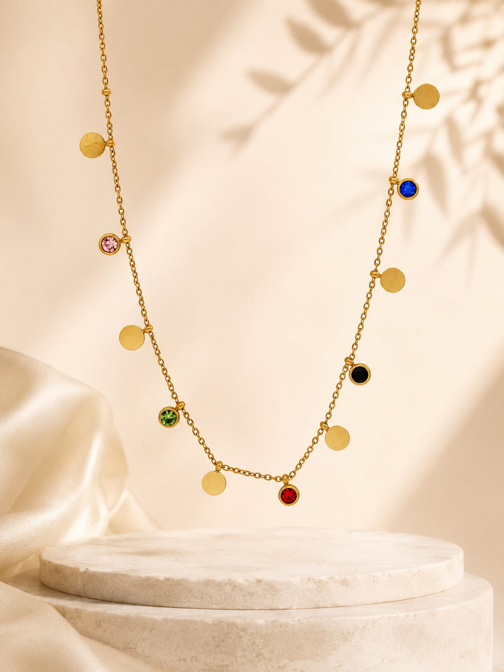 Multi-Stone Coin Charm Necklace in 18K Gold Plating