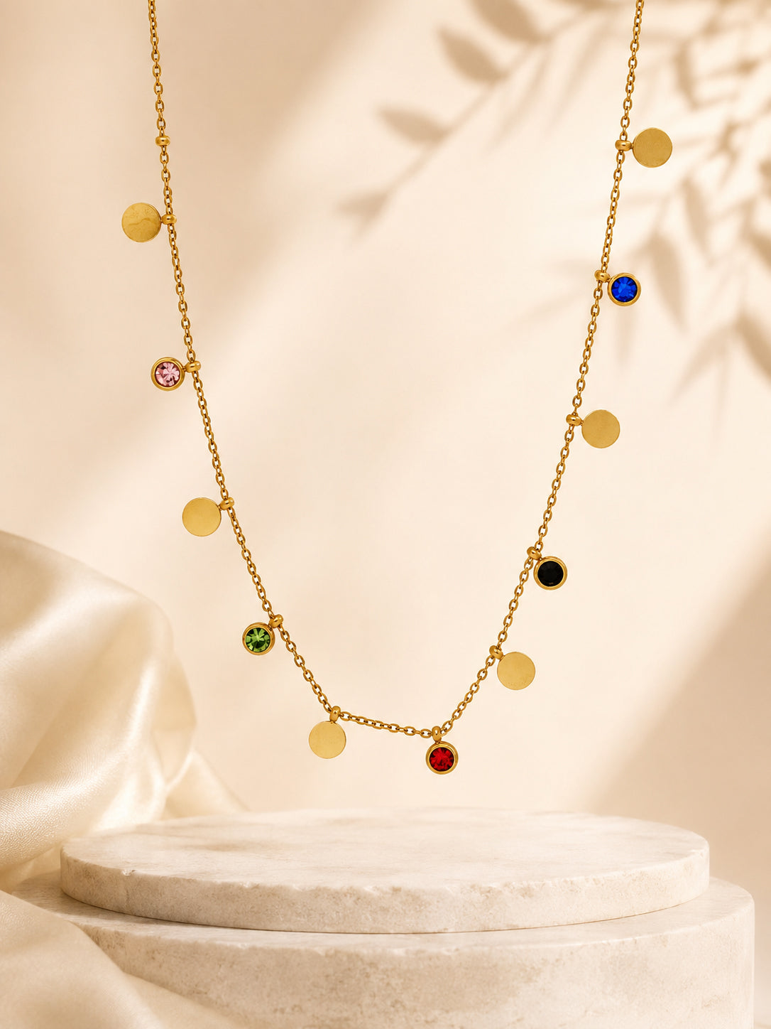 Multi-Stone Coin Charm Necklace in 18K Gold Plating