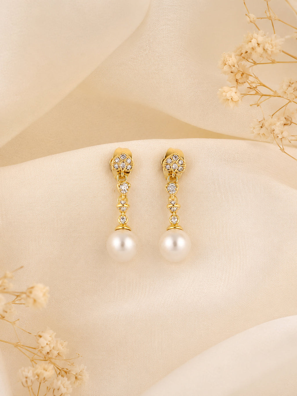 Pearl Drop Earrings with Cubic Zirconia in 18K Gold Plating