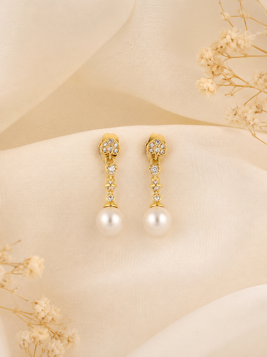 Pearl Drop Earrings with Cubic Zirconia in 18K Gold Plating