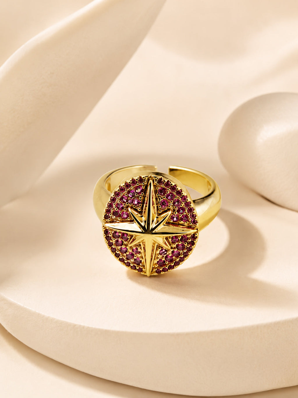 18K Gold Plated Pink Crystal Celestial Compass Ring