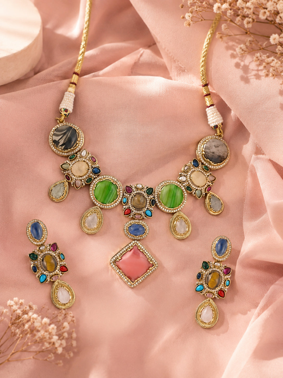Aanura Navratna Statement Necklace with Multicolor Stones