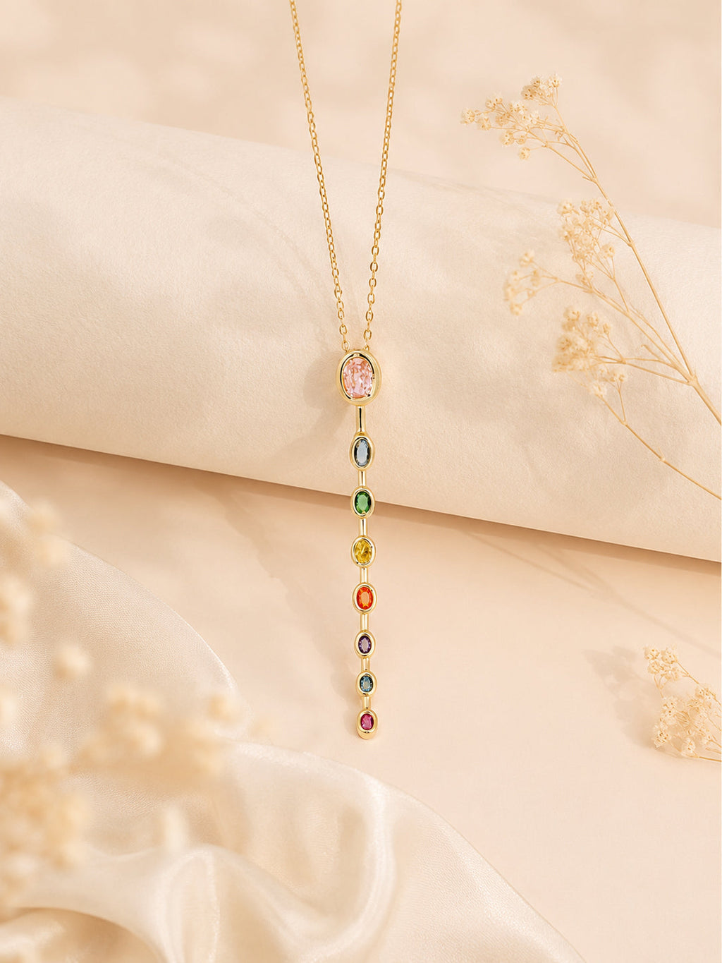 18K Gold Plated Rainbow Stone Drop Necklace