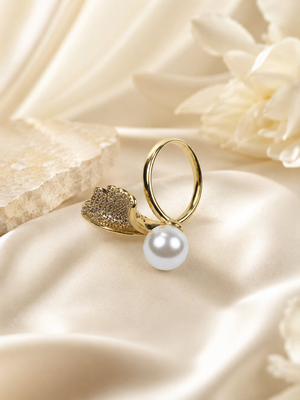 18K Gold-Plated Heart & Pearl Adjustable Ring – Anti-Tarnish, Waterproof