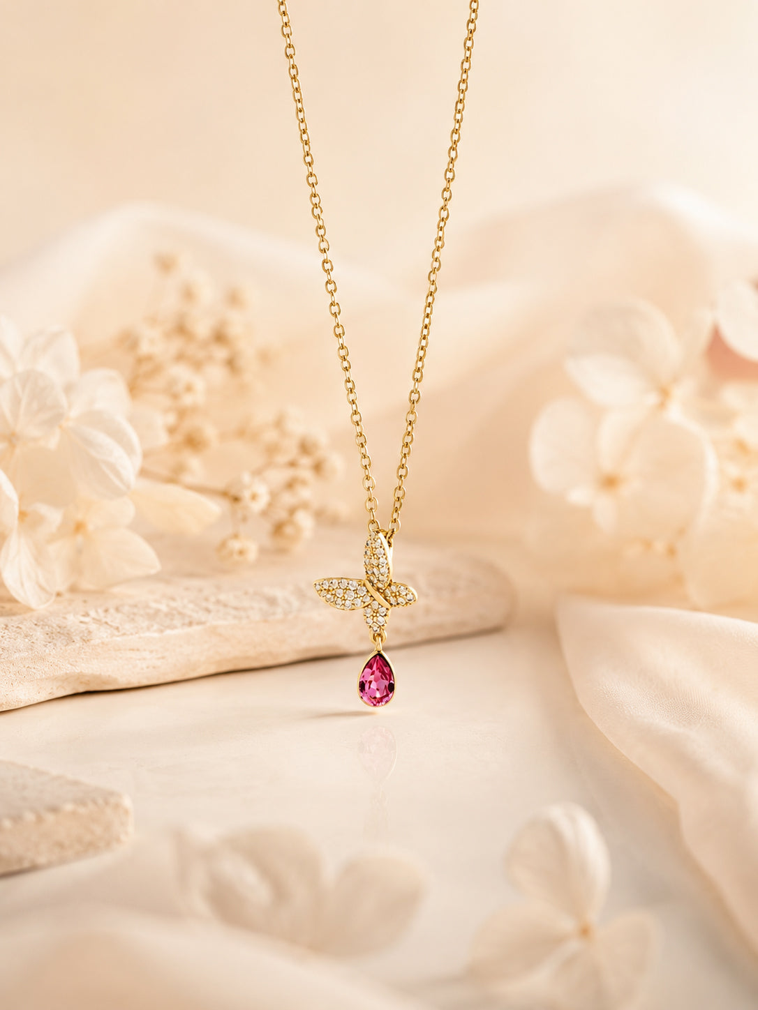 Crystal Butterfly Pink Drop Necklace with 18K Gold Plating