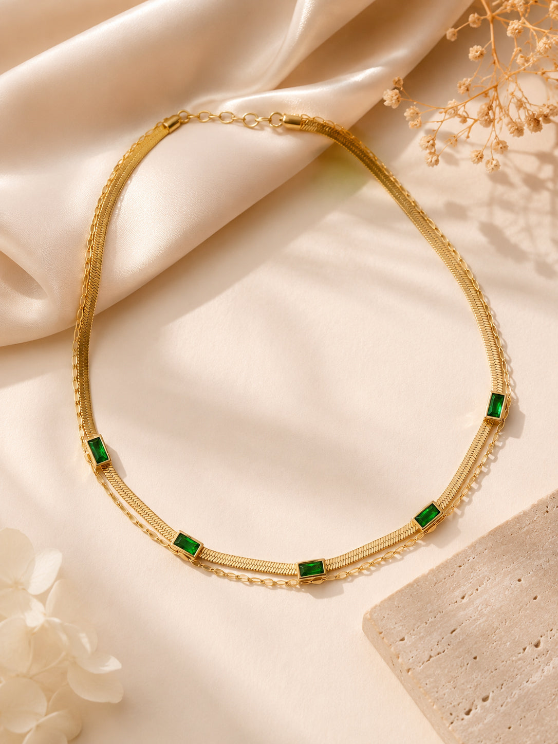 18K Gold Plated Green Stone Flat Chain Layered Necklace