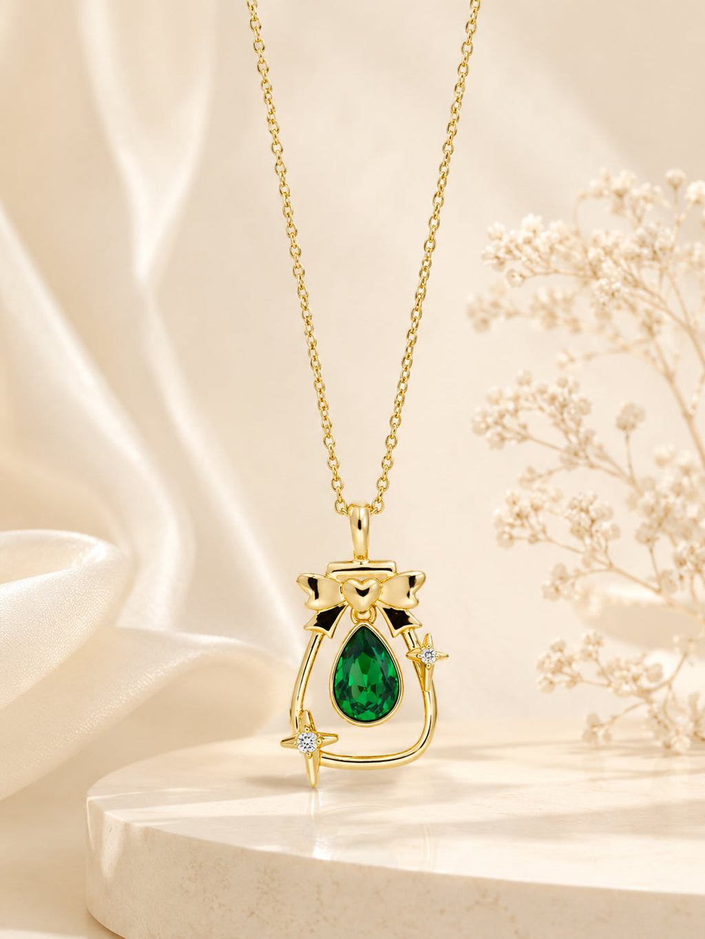 18K Gold Plated Green Teardrop Bow Charm Necklace