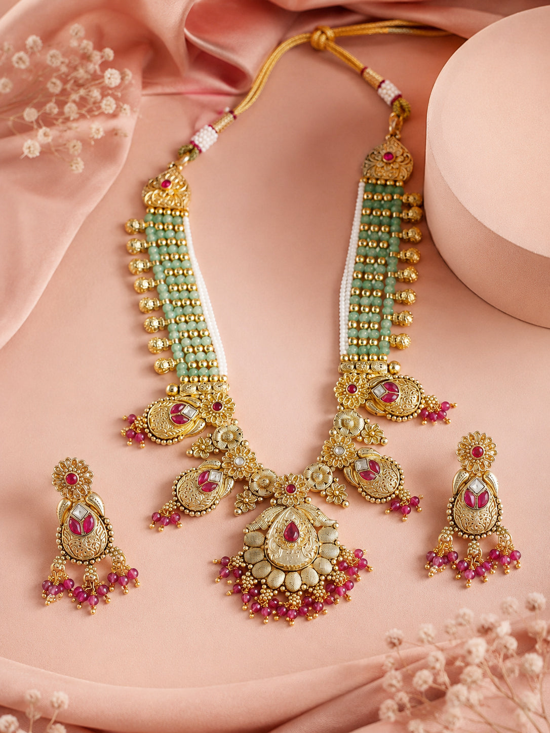 Aanura Temple Bridal Necklace with Ruby & Bead Strands