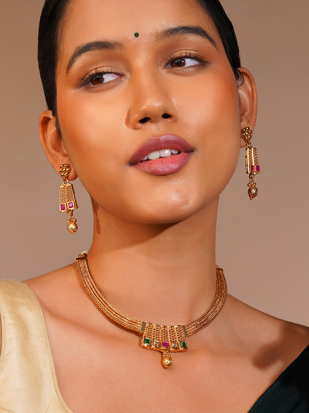 Aanura Gold Plated Layered Necklace & Earring Set