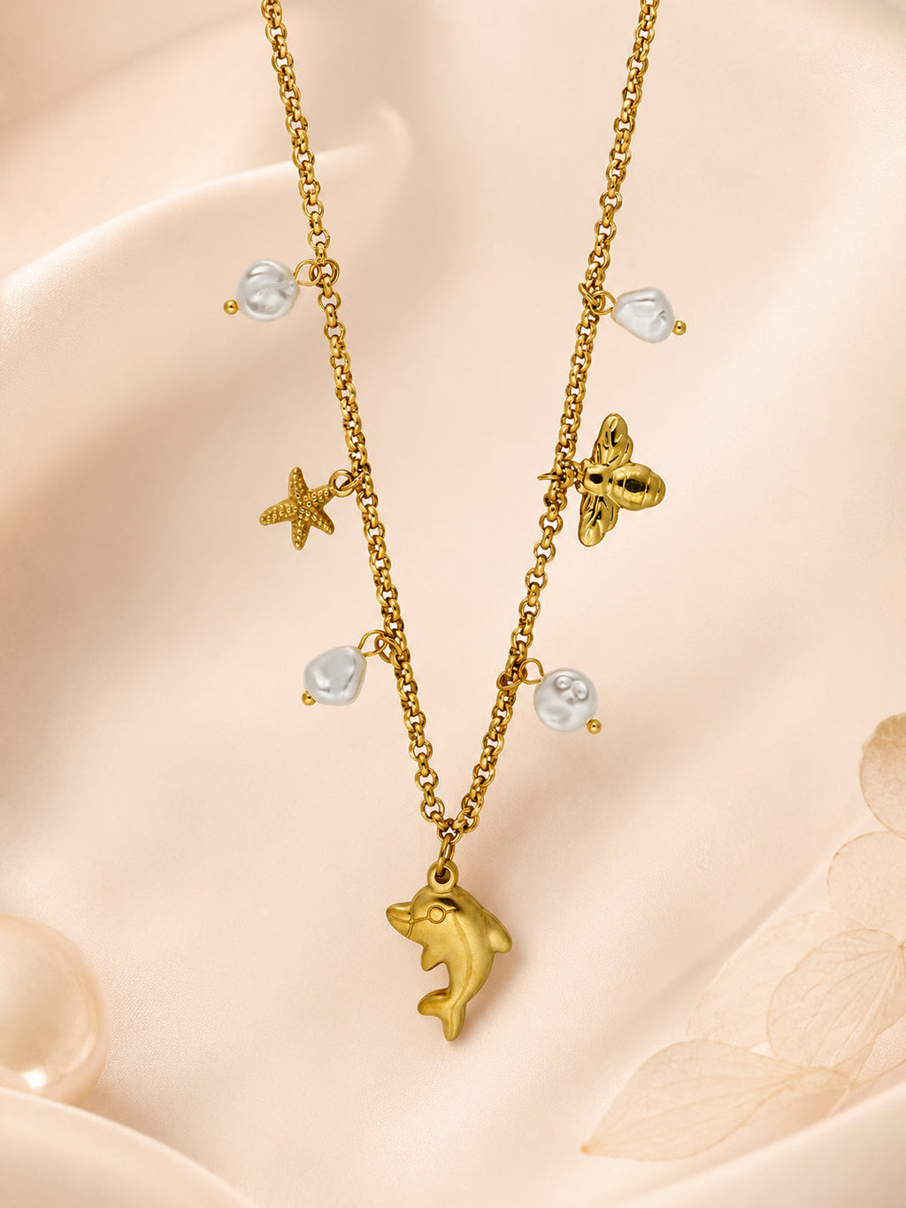 Dolphin & Pearl Charm Necklace with 18K Gold Plating