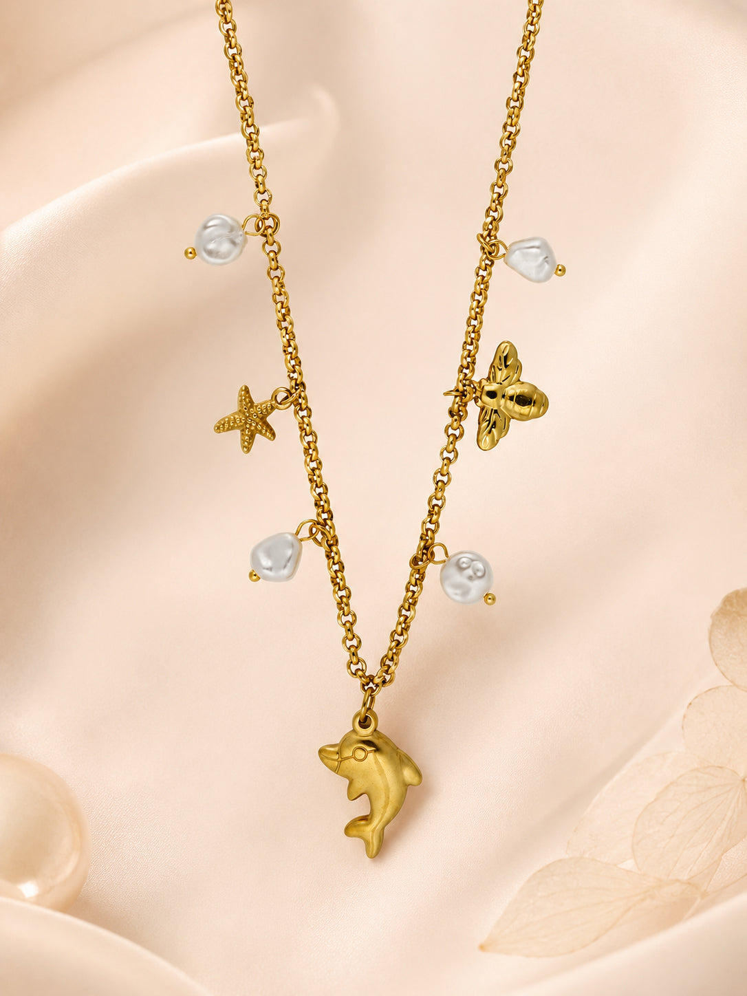Dolphin & Pearl Charm Necklace with 18K Gold Plating
