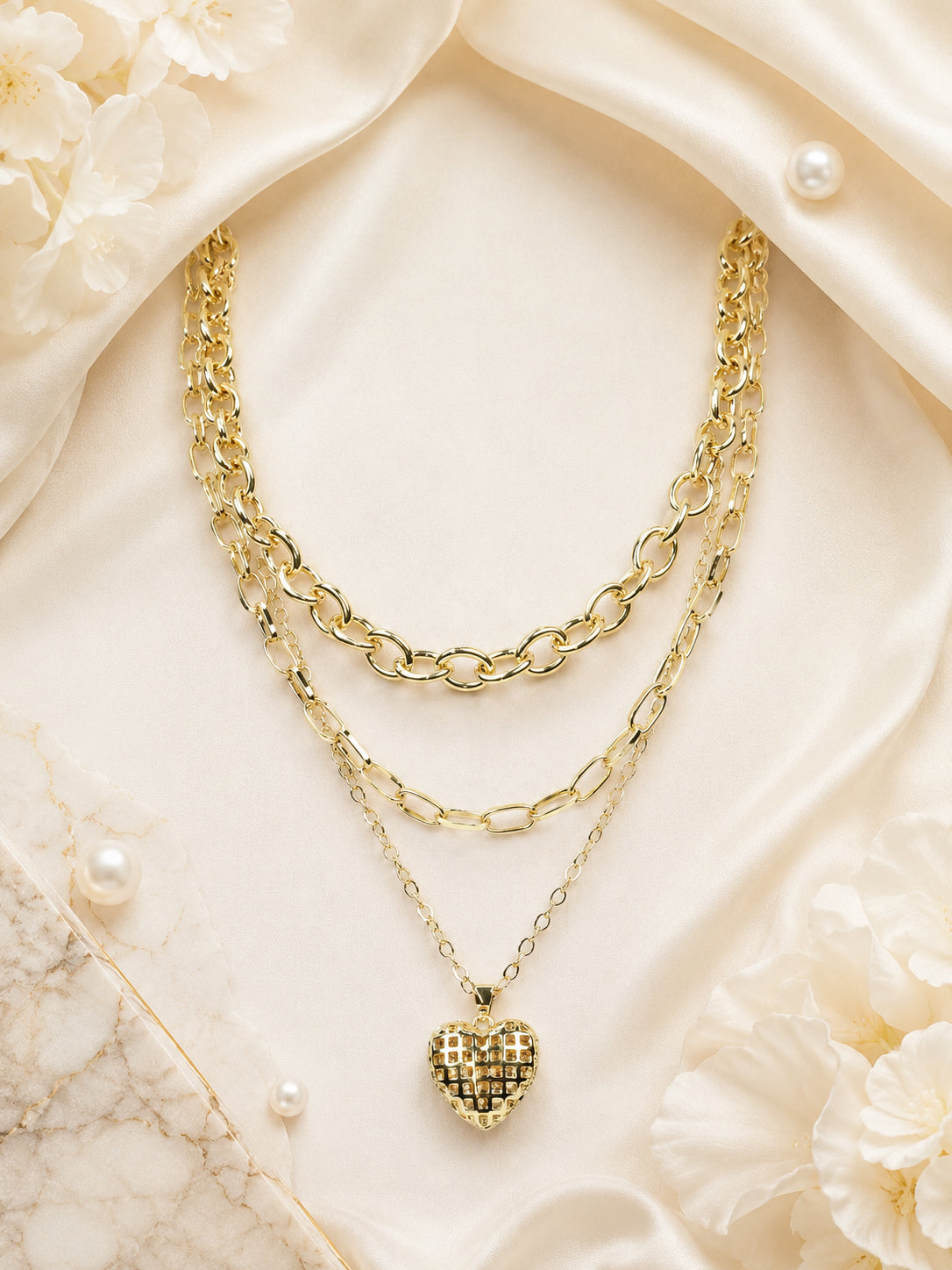 Aanura Layered Gold Chain Necklace with Waffle Heart Pendant