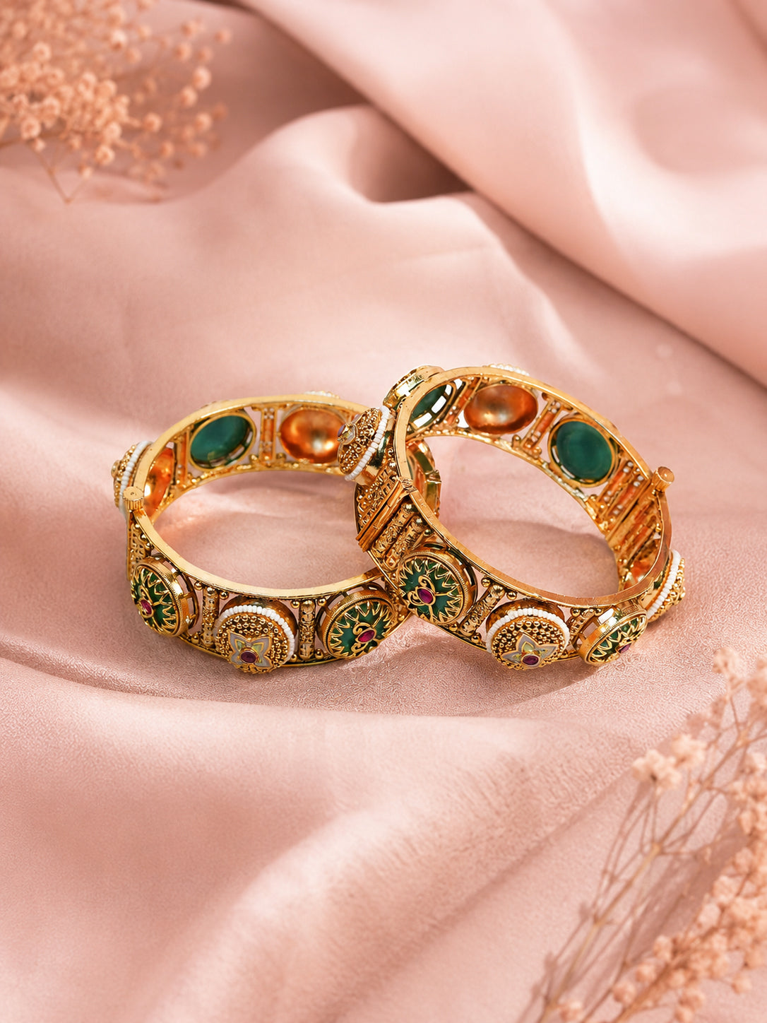 Aanura Gold Plated Antique Motif Stone Bangle