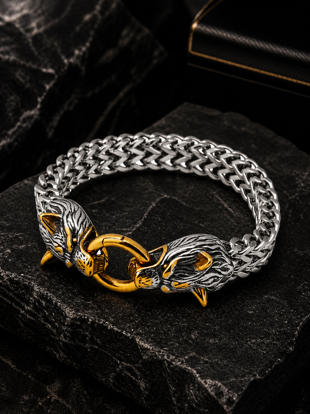 Rhodium-Plated Waterproof Dual-Tone Wolf Head Stainless Steel Bracelet for Men