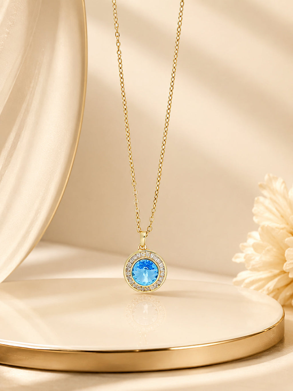 18K Gold Plated Sea Blue Halo Crystal Pendant Necklace