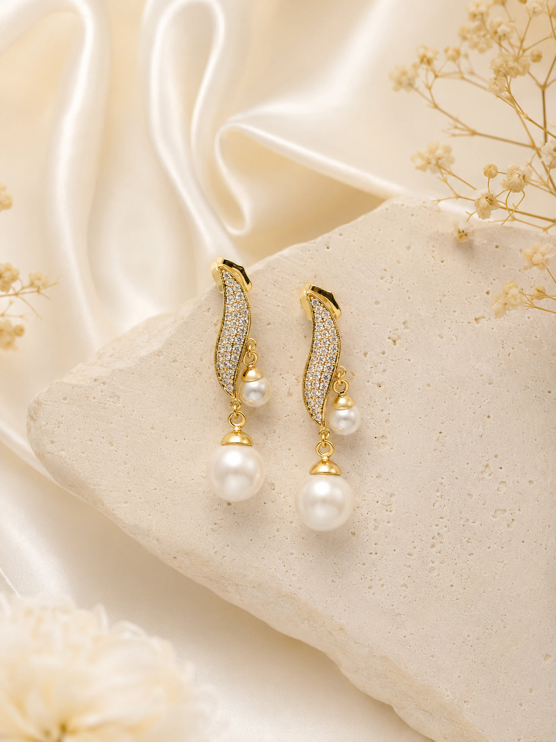 Curved Pearl Dangle Earrings with CZ Detail in 18K Gold Plating