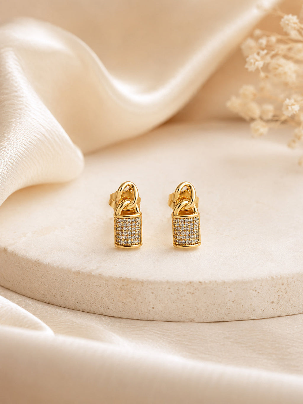 18k Gold Plated Crystal Lock Drop Stud Earrings