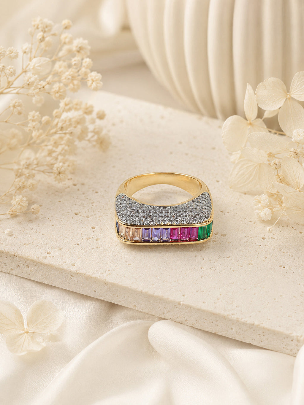 18K Gold Plated Rainbow Pavé Anti-Tarnish Waterproof Ring