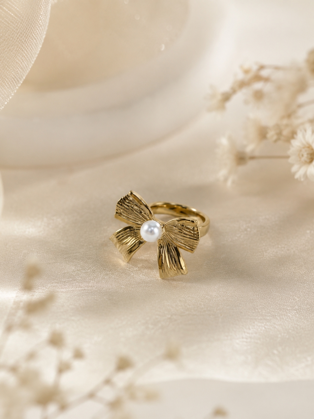 18K Gold-Plated Blossom Bow Ring with Pearl – Anti-Tarnish & Waterproof